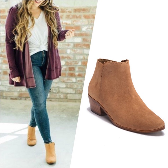Jack Rogers Bailee Tan Suede Wood Heeled Classic Casual Zip Up Ankle Booties - Picture 16 of 16